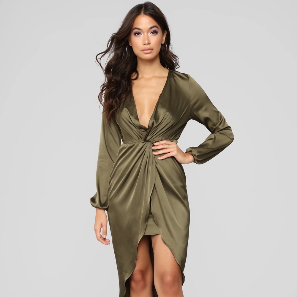 Fashion Nova Olive Satin Dress - Size S